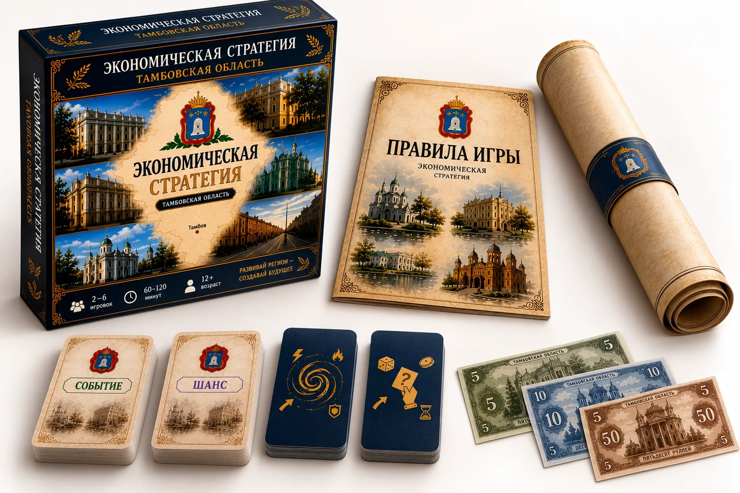 Коробка и компоненты настольной экономической игры про Тамбовскую область: игровое поле, карточки и деньги
