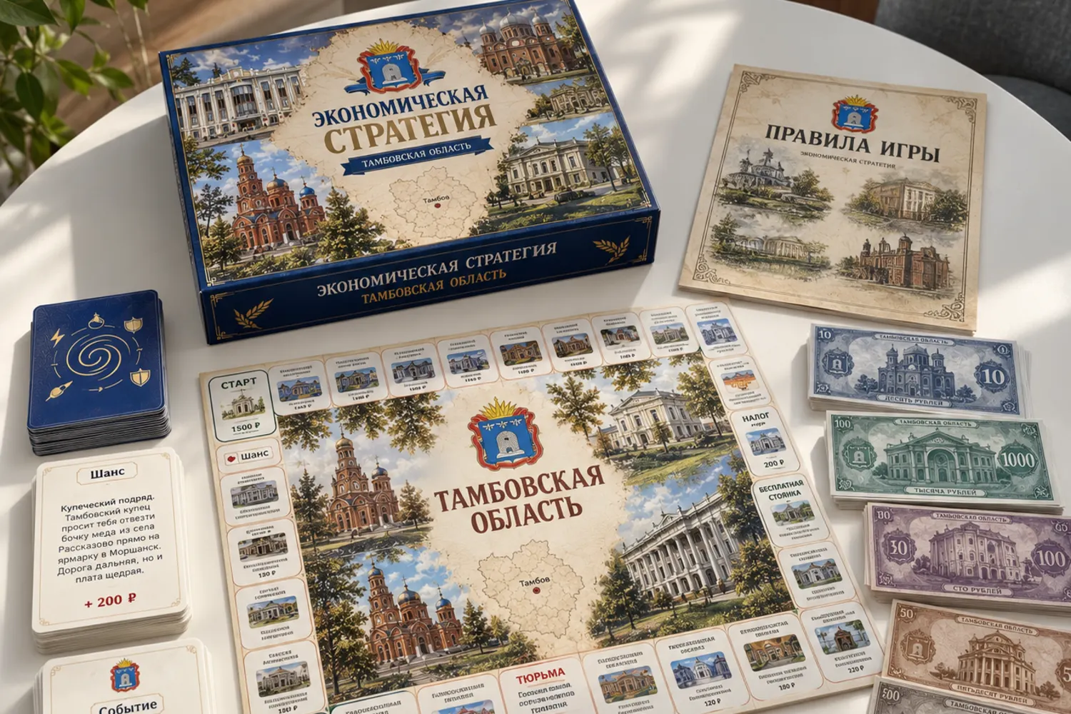 Компоненты настольной игры: поле, карточки и игровые деньги